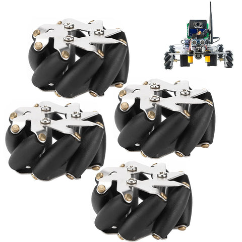 Four 48mm steel mecanum wheels with black rubber rollers and silver mounting plates for robot car.