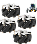Four 48mm steel Mecanum wheels with black rubber rollers and silver mounting plates for omni-directional robot car