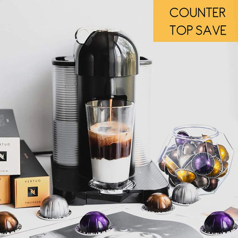 Coffee machine with Large Capacity 12 Sided Polygon Coffee Pods Holder Go To For Nespresso VertuoLine Capsules with pods.