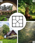 Montage of garden, courtyard, park scenes with DIY Paver Mold For Garden Paths And Patios Reusable Concrete Stone Design Tool center