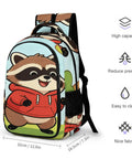 Cheerful Meadow Raccoon Print Unisex Daypack With Large Capacity For School And Travel Durable Polyester Backpack Easy To Clean Breathable Material Smooth Zipper Everyday Carry shown with dimensions and features