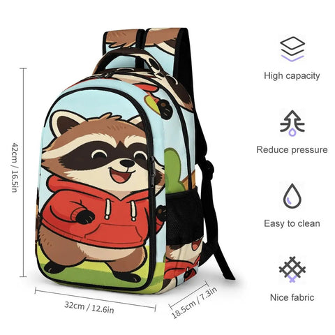 Cheerful Meadow Raccoon Print Unisex Daypack With Large Capacity For School And Travel Durable Polyester Backpack Easy To Clean Breathable Material Smooth Zipper Everyday Carry shown with dimensions and features
