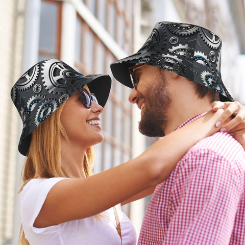Fresh Unisex Black Bucket Hat With Dope Graphic Print And Super Lightweight Breathable Polyester Twill Fabric Easy Foldable Sun Hat For Chill Outdoor Vibes worn by couple outdoors.