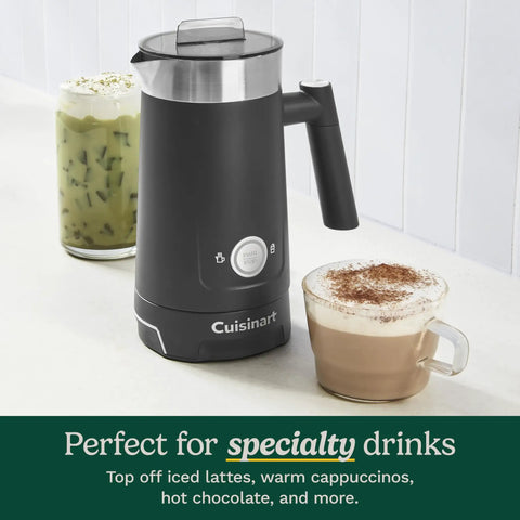 Front view of a black Hot And Cold Foam Milk Frother For Coffee And Cafe Style Drinks Like Lattes Cappuccinos Macchiatos And Hot Chocolate With Stainless Steel Nonstick Milk Tank And Cool Touch Exterior beside two drinks.