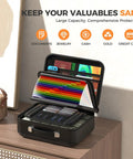 Heavy Duty Fireproof Document Safe Box With Combination Lock Water Resistant Hard Case For Important Papers Passports And Laptop UL 94 VTM-0 Certified Tamper Proof Security For Home Or Office, open view with colorful folders inside, placed on a countertop.