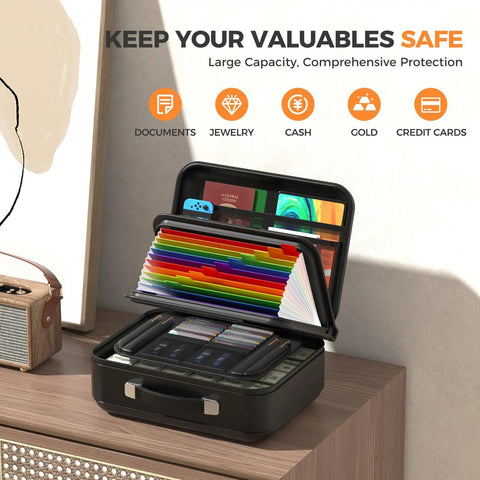 Heavy Duty Fireproof Document Safe Box With Combination Lock Water Resistant Hard Case For Important Papers Passports And Laptop UL 94 VTM-0 Certified Tamper Proof Security For Home Or Office, open view with colorful folders inside, placed on a countertop.