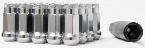 SR48 Open End Lug Nuts 12mm By 1.25 Thread Size Silver Lightweight Thin Wall Design With 60 Degree Taper Seat Knurled Top For Easy Install Cold Forged 50BV30 Construction Set Of 20