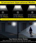 Rugged 2 Pack 300W Solar Flood Lights Outdoor With Remote Control showing automatic and motion sensor modes in use at night