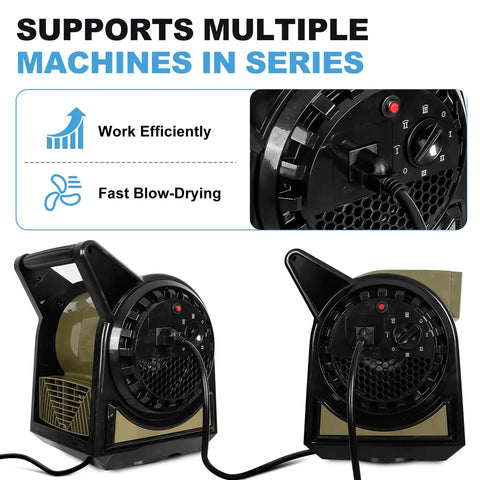 Beast High Velocity 450 CFM Fan with 3 Speed Settings and Built-in AC Outlet shown supporting multiple machines in series.