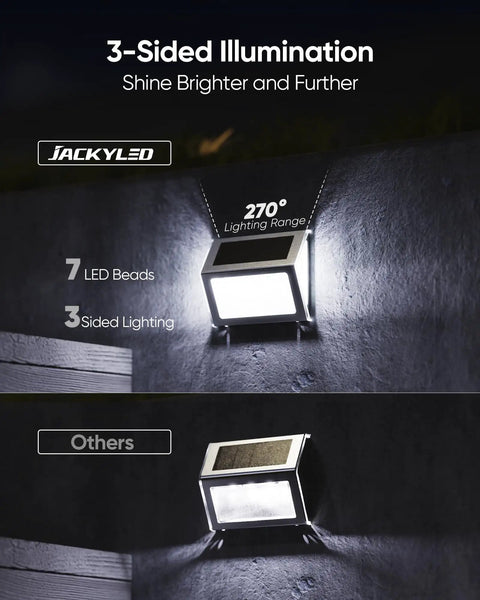Lit 7 LED Solar Step Lights With 3 Sided Lenses Waterproof Stainless Steel Outdoor Lighting mounted on a fence