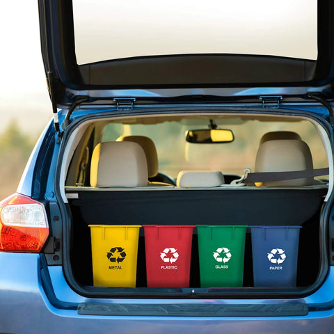 Four Pack Color Coded Recycling Bins Set With 3.25 Gallon Capacity Each In Metal Yellow Paper Blue Glass Green Plastic Red For Office School Or Home Use