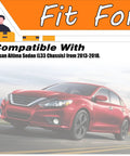 Nissan Altima sedan 2013-2018 compatibility shown with text overlay, red car image includes ECU note for hydraulic power steering