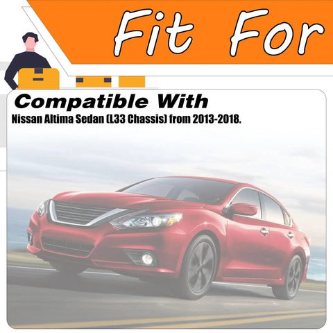 Nissan Altima sedan 2013-2018 compatibility shown with text overlay, red car image includes ECU note for hydraulic power steering