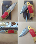 Handmade Copper Damascus Folding Knife With Ladder Pattern Blade Brass Engraved Red Resin Handle Leather Sheath EDC Ready Hunting