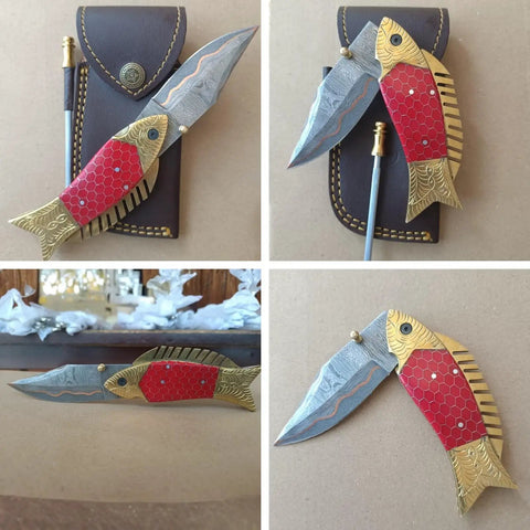 Handmade Copper Damascus Folding Knife With Ladder Pattern Blade Brass Engraved Red Resin Handle Leather Sheath EDC Ready Hunting