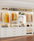 Modular Closet System With Nine Drawers And Eight Shelves For Walk In Rooms Includes Ten Hang Rods and Lighted Vanity Mirror in White Finish.