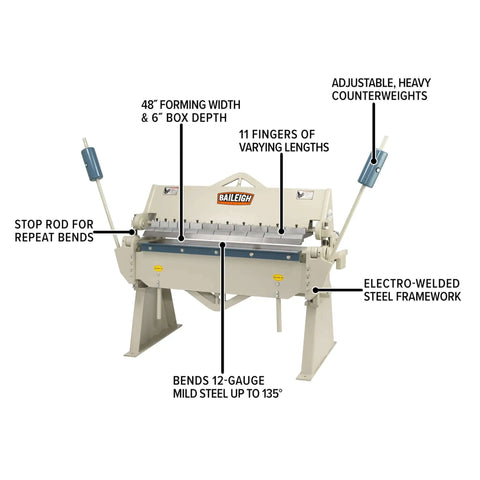 48 Inch Box and Pan Brake For 12 Gauge Steel With 135 Degree Bends, featuring 11 finger set, stop rod, and 6 inch box depth