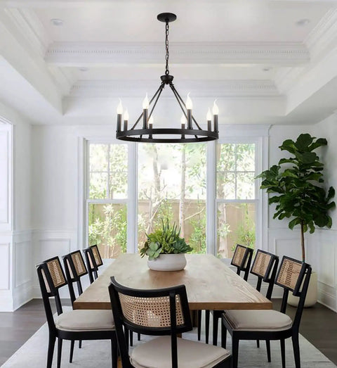 Wagon Wheel Chandelier 8 Light Industrial Black Rustic Farmhouse Ceiling Light With Adjustable Height above dining table