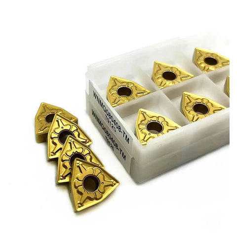 Turning Inserts For Hard Steel 10 Pcs WNMG080404 WNMG080408 TM T9125 Coated External Lathe Tools For Fast Cuts Low Friction High Wear And Heat Resistance Made For Real World Tough Jobs., gold WNMG inserts in plastic tray