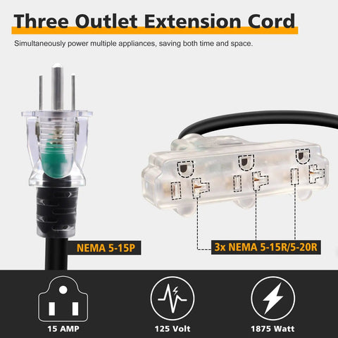 Heavy Duty Outdoor Tri Tap Extension Cord 1.5 Foot 12 Gauge with circuit breaker, NEMA 5-15P to 5-15R and 5-20R connector