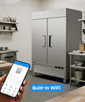 Top Tier Commercial Upright Freezer With Smart WiFi App Remote Control And Auto Defrost 49CuFt in a professional kitchen with mobile app.