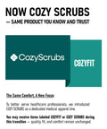Cozy Scrubs rebranding notice with CozyFit logo, highlighting continuity in quality and comfort during transition.