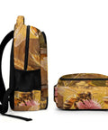 Side view of Bees And Wildflower Printed Unisex Backpack with beehive theme, durable polyester, breathable comfort, everyday carry.