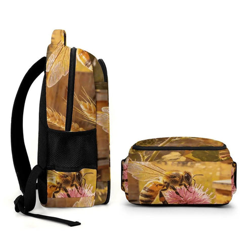Side view of Bees And Wildflower Printed Unisex Backpack with beehive theme, durable polyester, breathable comfort, everyday carry.