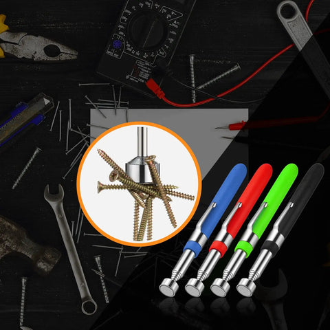 4 Piece Telescoping Magnet Pickup Tool Set With Extendable Magnetic Sticks Grabber Four Color Assortment Black Blue Orange Green A Practical Gift For Men Dad Husband Handyman Mechanic 5 Lb shown with tools on workspace.