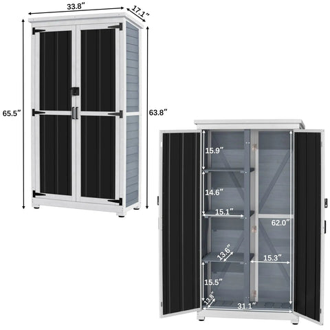 Backyard Outdoor Storage Cabinet Made From Wood And Metal Garden Shed With Weatherproof Roof And Lockable Doors 66 Inch Wide