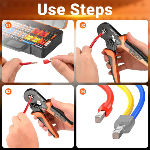 Steps using Ferrule Crimping Tool Kit With Portable Case, Square Crimp Pliers For AWG 23-7, Ratchet Crimpers with ferrules.