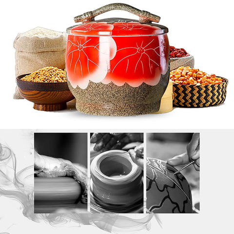 Kick Up Your Kitchen Game With This Handmade Ceramic Storage Jar With Lid For Rice And Pet Food, Retro Porcelain Cylinder Bin For Flour Coffee Beans And Dry Grains, Solid Pantry Keepers That Are Built Different And Look Fresh, red floral design.