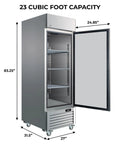 Heavy Duty 23 Cubic Foot Stainless Steel Commercial Upright Freezer Frost Free Convertible Refrigerator with opened door and shelves.