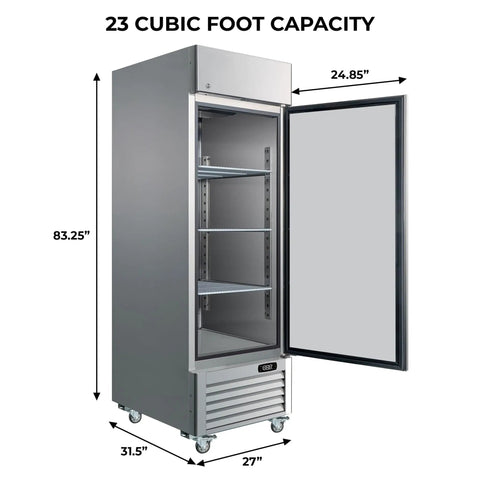 Heavy Duty 23 Cubic Foot Stainless Steel Commercial Upright Freezer Frost Free Convertible Refrigerator with opened door and shelves.