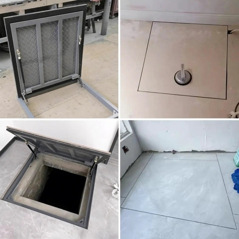 Heavy Duty Basement Entry Door With Suction Cup For Easy Access And 90 Degree Opening, installed in a tiled floor, 28x31 inch size.