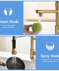 AIMADI Brushed Gold Kitchen Faucet with Pull Down Sprayer showcasing stream and spray modes in the kitchen.