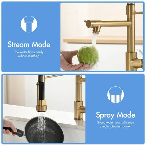 AIMADI Brushed Gold Kitchen Faucet with Pull Down Sprayer showcasing stream and spray modes in the kitchen.