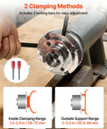 Close-up of Go To 4 Inch Wood Lathe Chuck With 4 Jaw Self Centering Wood Turning Set showing two clamping methods and range chart.