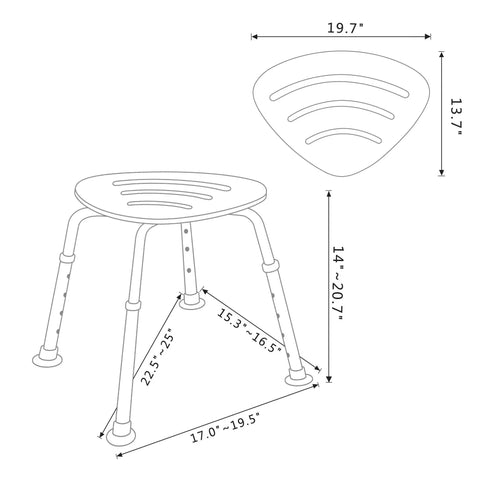 Diagram of Triangular Bamboo Bath Seat for Elderly and Adults, Height Adjustable Shower Chair With Slip-Resistant Rubber Feet, 19.7 x 13.7 x 14-20.7 inches