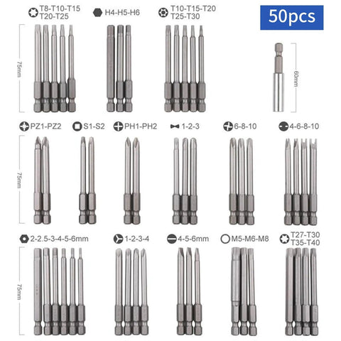 Extra Long Magnetic Security Bit Set 50 Piece Screwdriver Bit Kit with various sizes and shapes for heavy duty projects