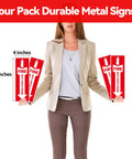 Person holding Four Pack Fire Extinguisher Signs, Self Adhesive Aluminum Safety Signs For Business, 12x4 Inches, Weather Resistant, Red, Durable.