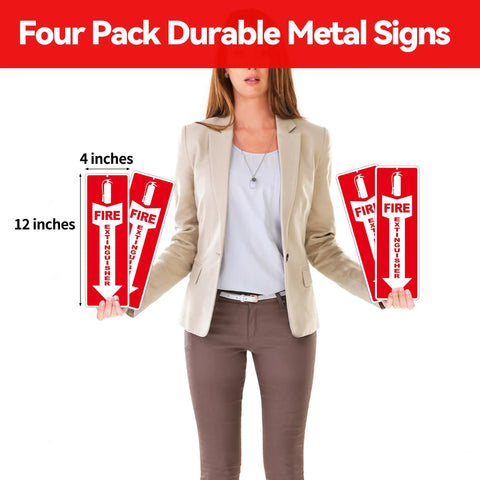 Person holding Four Pack Fire Extinguisher Signs, Self Adhesive Aluminum Safety Signs For Business, 12x4 Inches, Weather Resistant, Red, Durable.