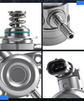 Close-up of High Pressure Fuel Pump For Ford Explorer Taurus Flex Police Interceptor Sedan And Police Interceptor Utility Lincoln MKS MKT 2010-2019 3.5L V6 Turbo Replacement HM10034 GDP206 Direct Fit Easy Install Durable Reliable Performance, detailed view of components, metallic finish.