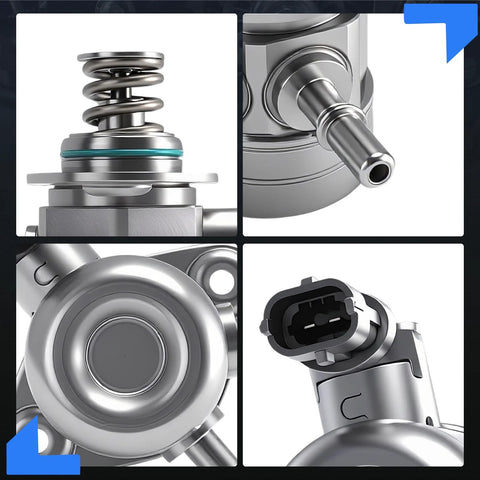 Close-up of High Pressure Fuel Pump For Ford Explorer Taurus Flex Police Interceptor Sedan And Police Interceptor Utility Lincoln MKS MKT 2010-2019 3.5L V6 Turbo Replacement HM10034 GDP206 Direct Fit Easy Install Durable Reliable Performance, detailed view of components, metallic finish.