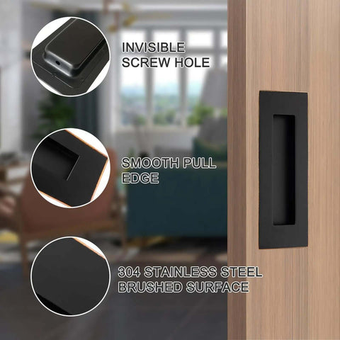 Oil Rubbed Bronze 4.72 Inch Recessed Finger Flush Door Pulls for Pocket Sliding Closet and Barn Doors Premium Stainless Steel Hardware with Rust Resistant Built to Last 2 Pack Bundle, shown with visible features including invisible screw hole and smooth pull edge, installed on wooden door.