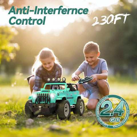 Children playing with All Terrain 1to16 Scale Remote Control SUV With Fog Mist And Music Dual Battery RC Truck With Trailer Hitch 2 4GHz Off Road Crawler Toy Epic Gift For Boys Today in a park