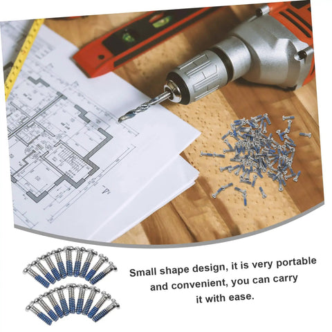 100Pcs Eyeglass Repair Screws Kit For Quick Eyewear Fixes next to a drill and blueprints on a wooden table