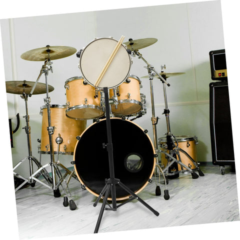 Heavy Duty Adjustable Snare Drum Stand with thick alloy chassis supporting snare for practice sessions.