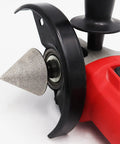 Two Inch Diamond Beveling Chamfer Bits For Granite And Marble Tiles Pack Of 2 With 5 8 11 Thread For Angle Grinder Pro Grade Enlarging Shaping And Polishing Holes And Edges mounted on red angle grinder
