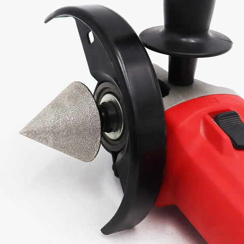 Two Inch Diamond Beveling Chamfer Bits For Granite And Marble Tiles Pack Of 2 With 5 8 11 Thread For Angle Grinder Pro Grade Enlarging Shaping And Polishing Holes And Edges mounted on red angle grinder